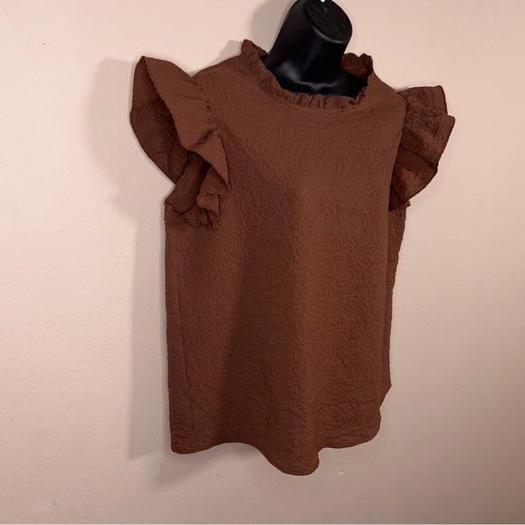 Size 8/10 Brown Textured Ruffle Blouse Neutral Stretch Lightweight Mock Neck - Picture 5 of 12